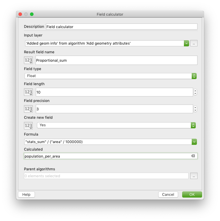 Screenshot of the Field calculator configuration