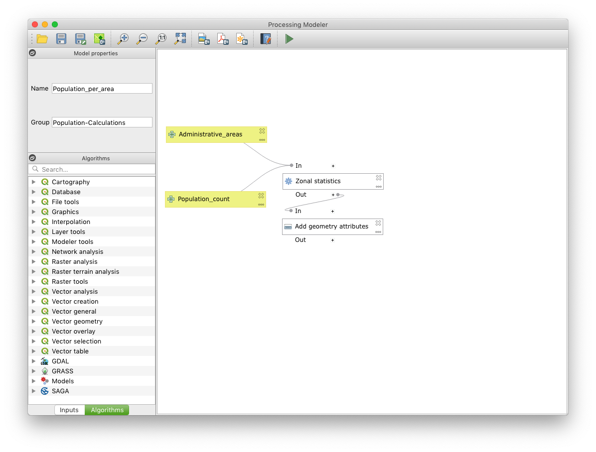 screenshot of add geometry attributes algorithm added to the workspace and connected to the zonal statistics algorithm