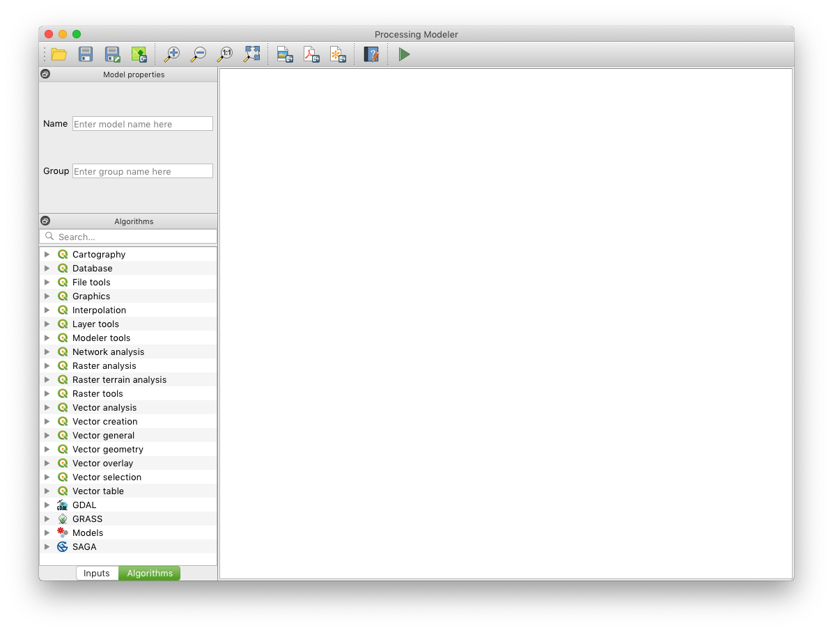 screenshot of the empty processing modeler