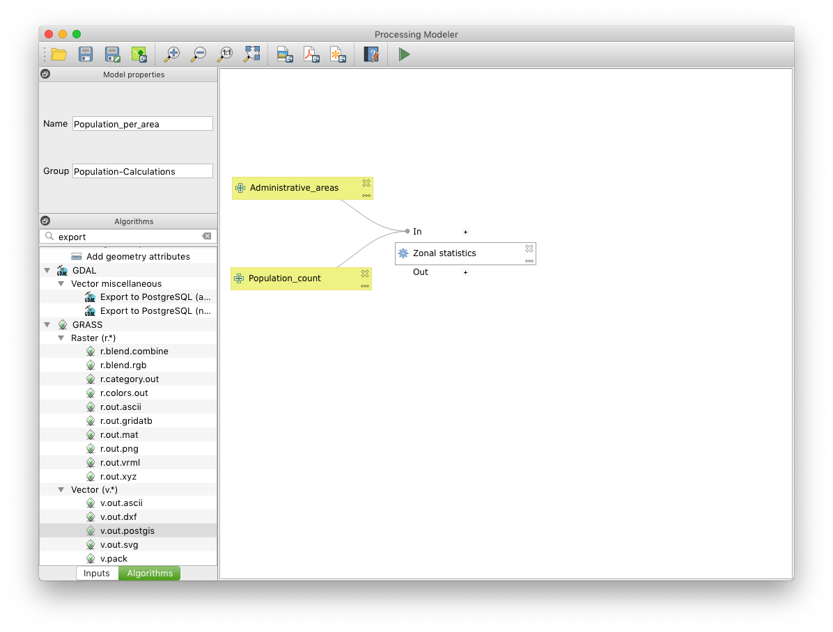 screenshot of the zonal statistics algorithm added to the workspace and connected to the two inputs